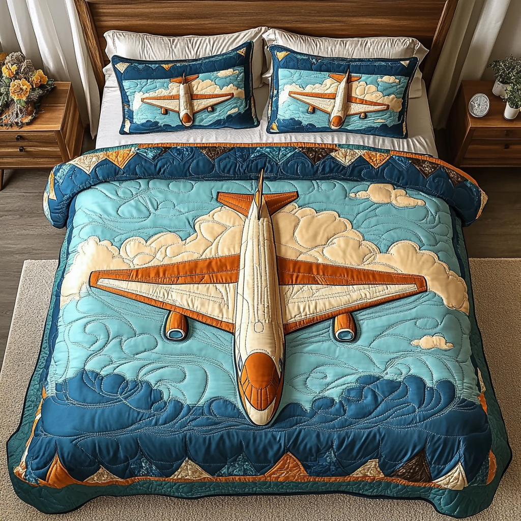 Blue Horizon Airplane Quilted Bedding Set Special Home Gift Idea for Comfortable Living