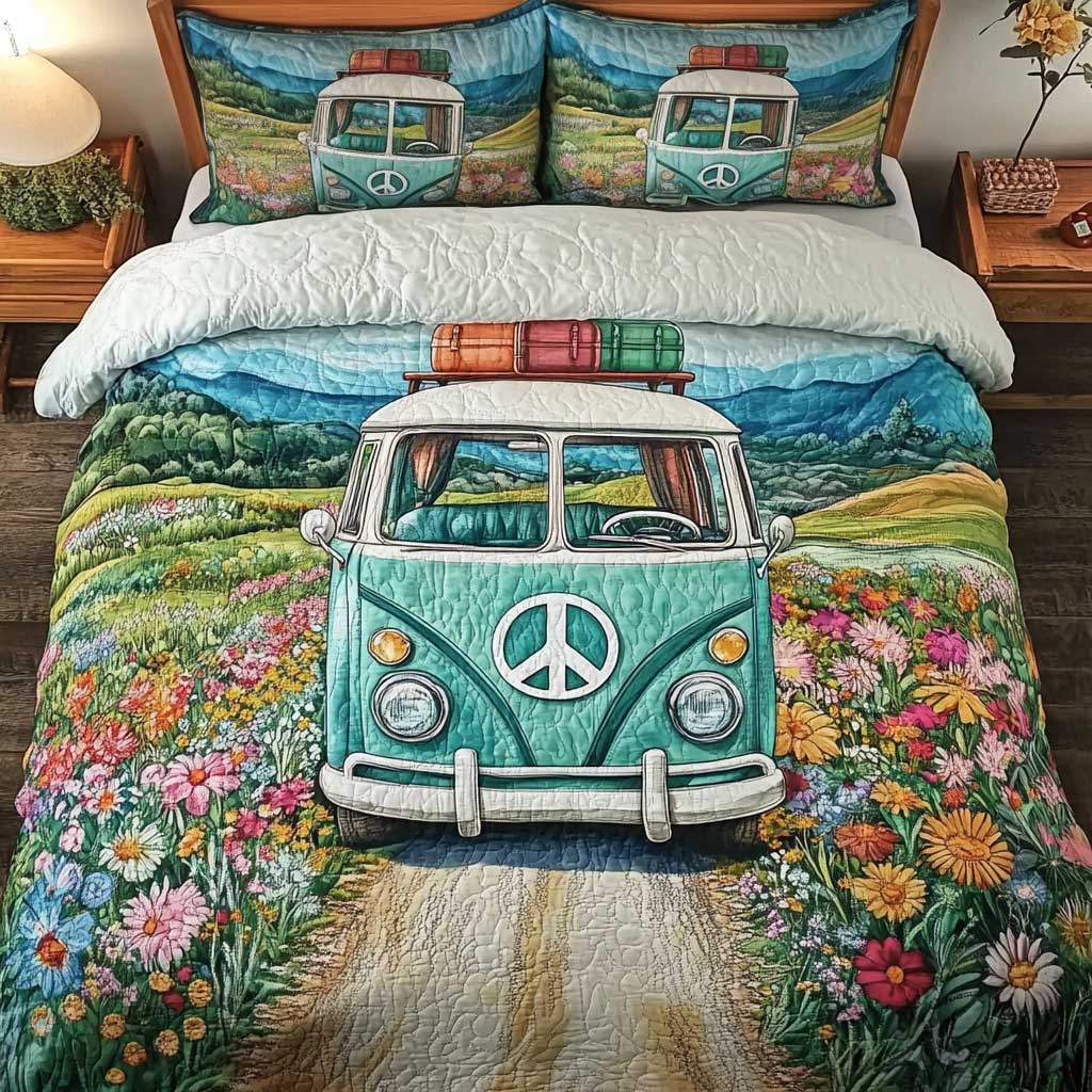 Blue Horizon Camper Van Quilted Bedding Set Duvet Cover Bedspread Gifts For Sister