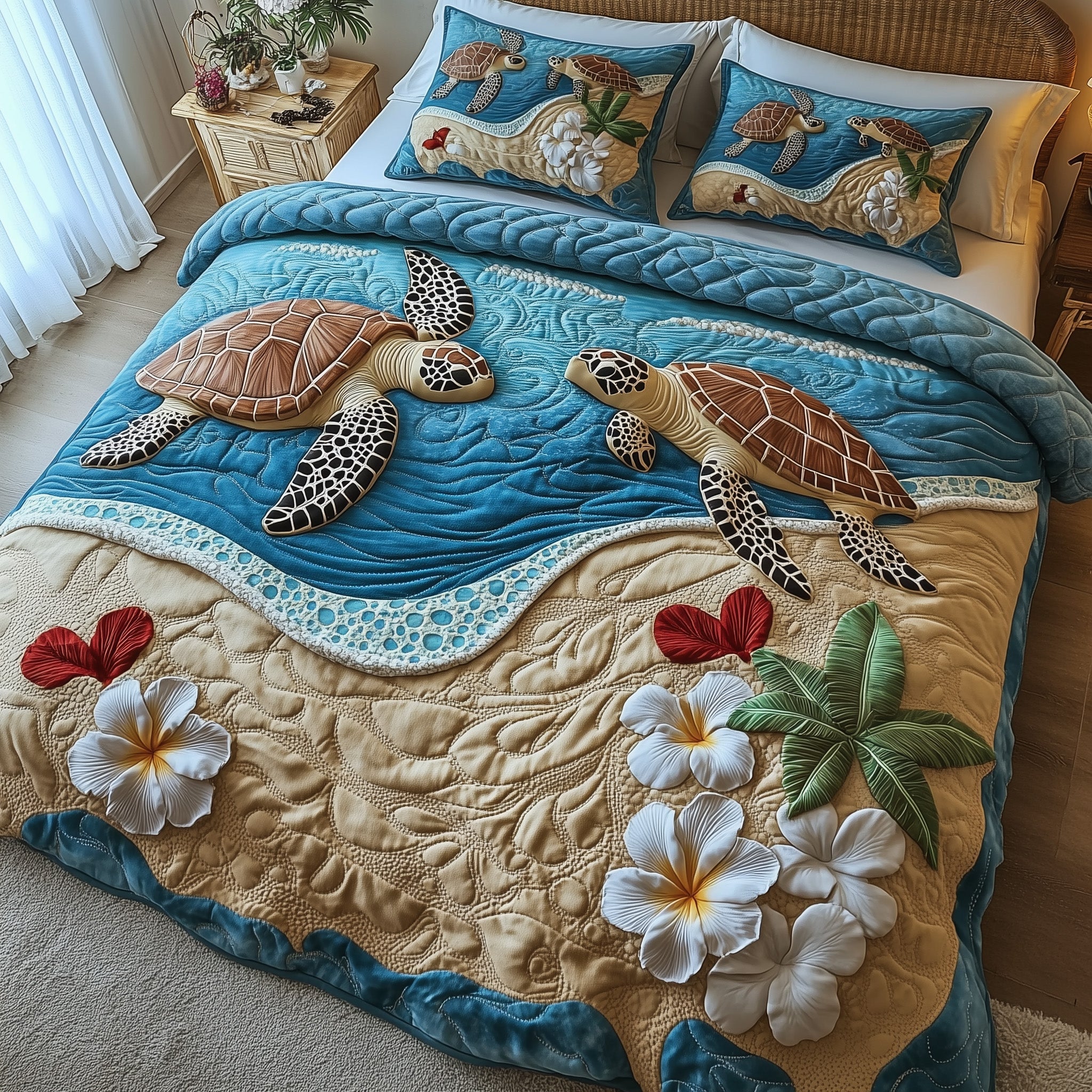 Blue Horizon Quilted Bedding Set Duvet Cover Bedspread Gifts For Sea Turtle Lovers