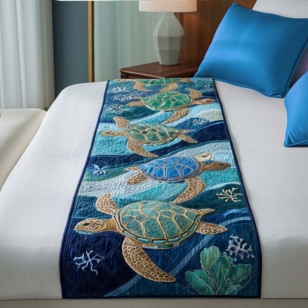 Blue Horizon Turtle Quilted Bed Runner Bed Decor Sea Turtle Themed Gifts