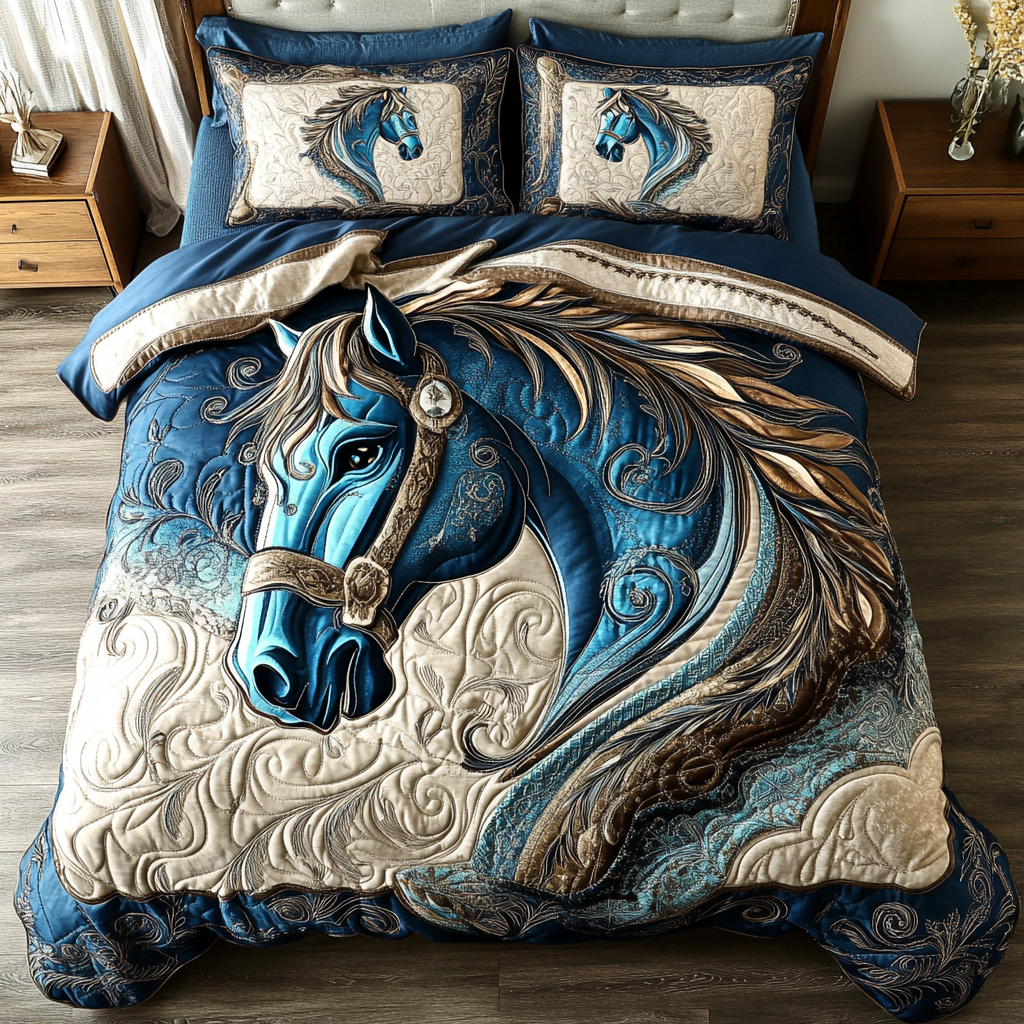 Blue Horse Quilted Bedding Set Aesthetic Room Decor Horsey Christmas Gifts