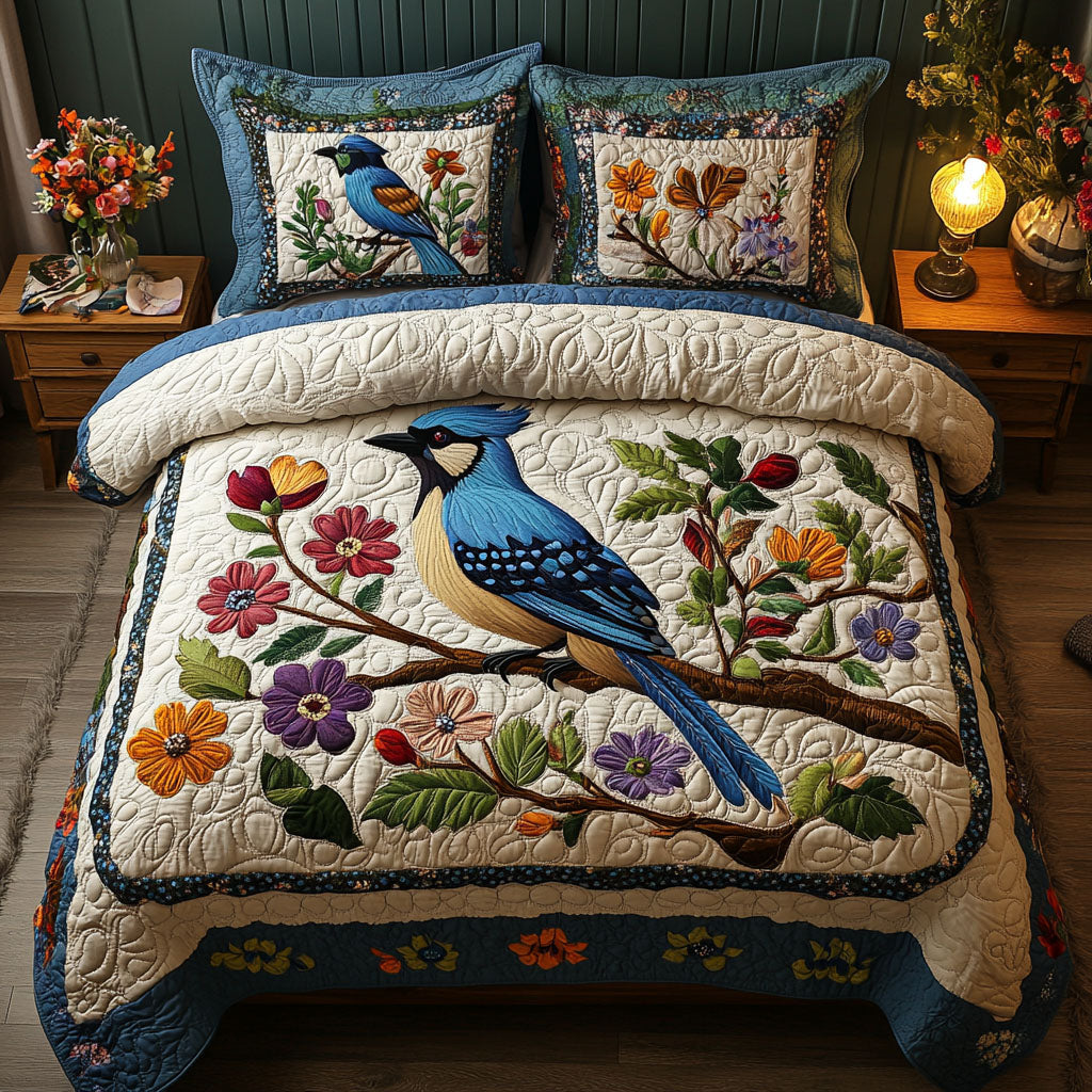 Blue Jay and Blooms Quilted Bedding Set Bed Decorations Gifts For Birders