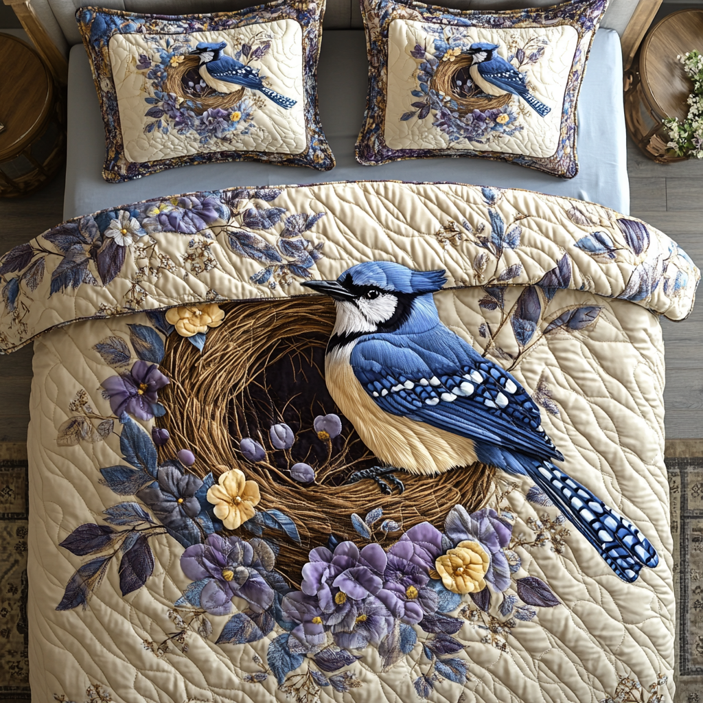 Blue Jay Beauty Quilted Bedding Set Cool Bedroom Decor Bird Lover Gifts For Him