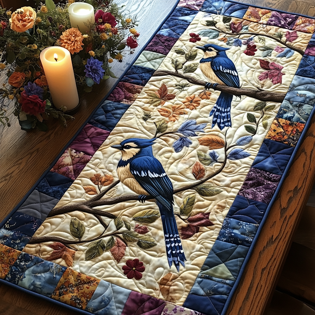 Blue Jay Beauty Quilted Table Runner Dining Room Decor Ideas Unique Gifts For Bird Lovers