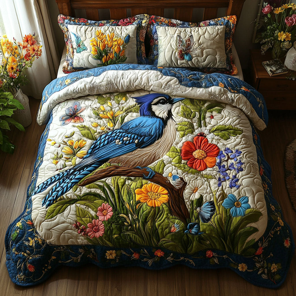 Blue Jay Bloom Quilted Bedding Set Cool Bedroom Decor Cool Gifts For Bird Lovers