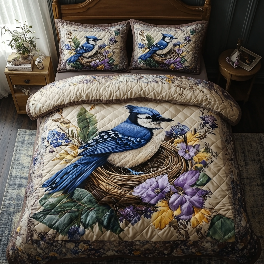 Blue Jay Serenade Quilted Bedding Set Best Bed Sheet Set Gifts For Bird Enthusiasts