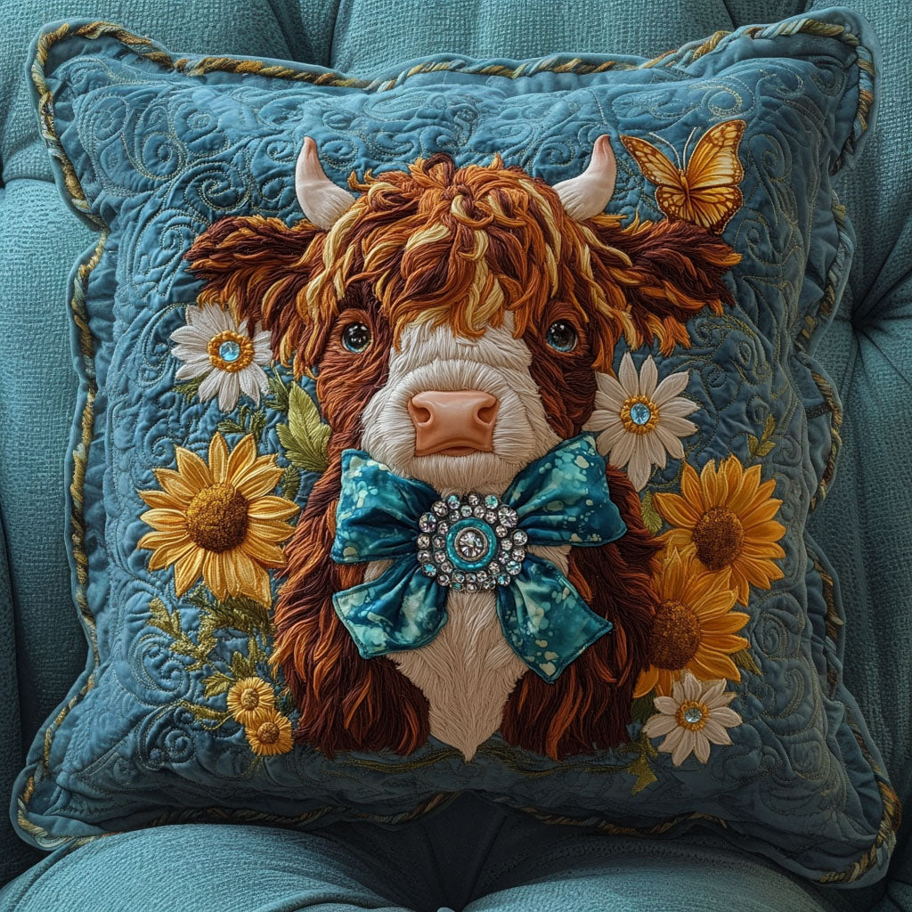 Blue Jewel Moo Quilted Pillow Case Decorative Throw Pillow Covers Highland Cow Gifts For Her