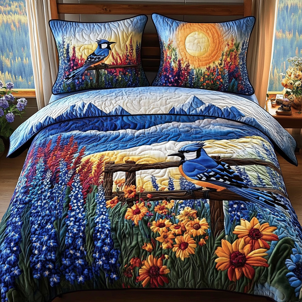 Blue Jewel Quilted Bedding Set Unique Bed Sheet Set Best Gifts For Birders
