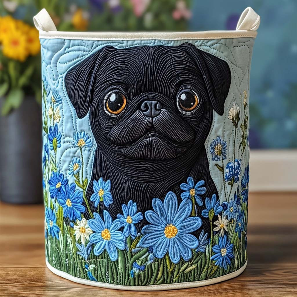 Blue Meadow Pug Quilted Laundry Basket Compact Quilted Laundry Hamper for Small Spaces