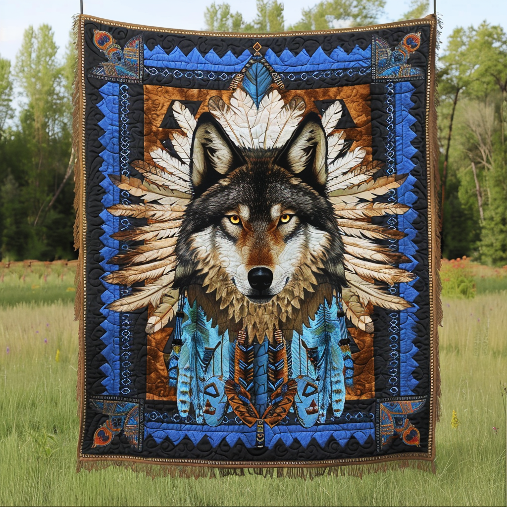 Blue Native Wolf Quilted Blanket Gift For Wolf Lover