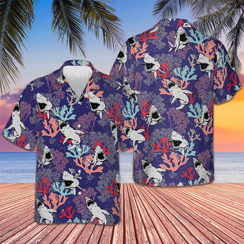 Blue Ocean Coral Sharks Hawaiian Shirt Button Up Summer Shirts For Men Good Gifts For Boyfriend