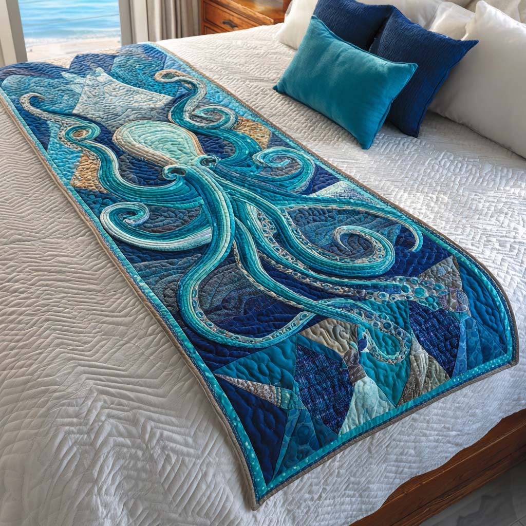 Blue Octopus Quilted Bed Runner Bed Room Decoration Ocean Themed Gift Ideas