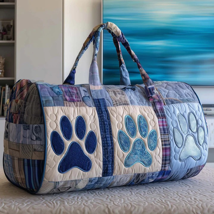 Blue Paw Print Plaid Quilted Duffle Bag Dog Lover Travel Bag Best Gift For Dog Owners