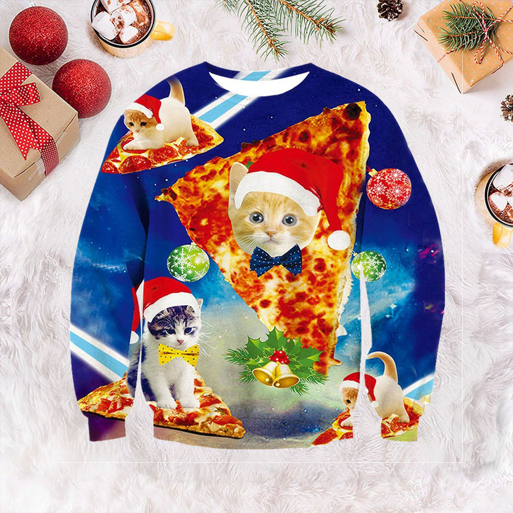 Blue Pizza Cat Ugly Christmas Sweater Cute Xmas Sweater Gifts For Cat Lovers