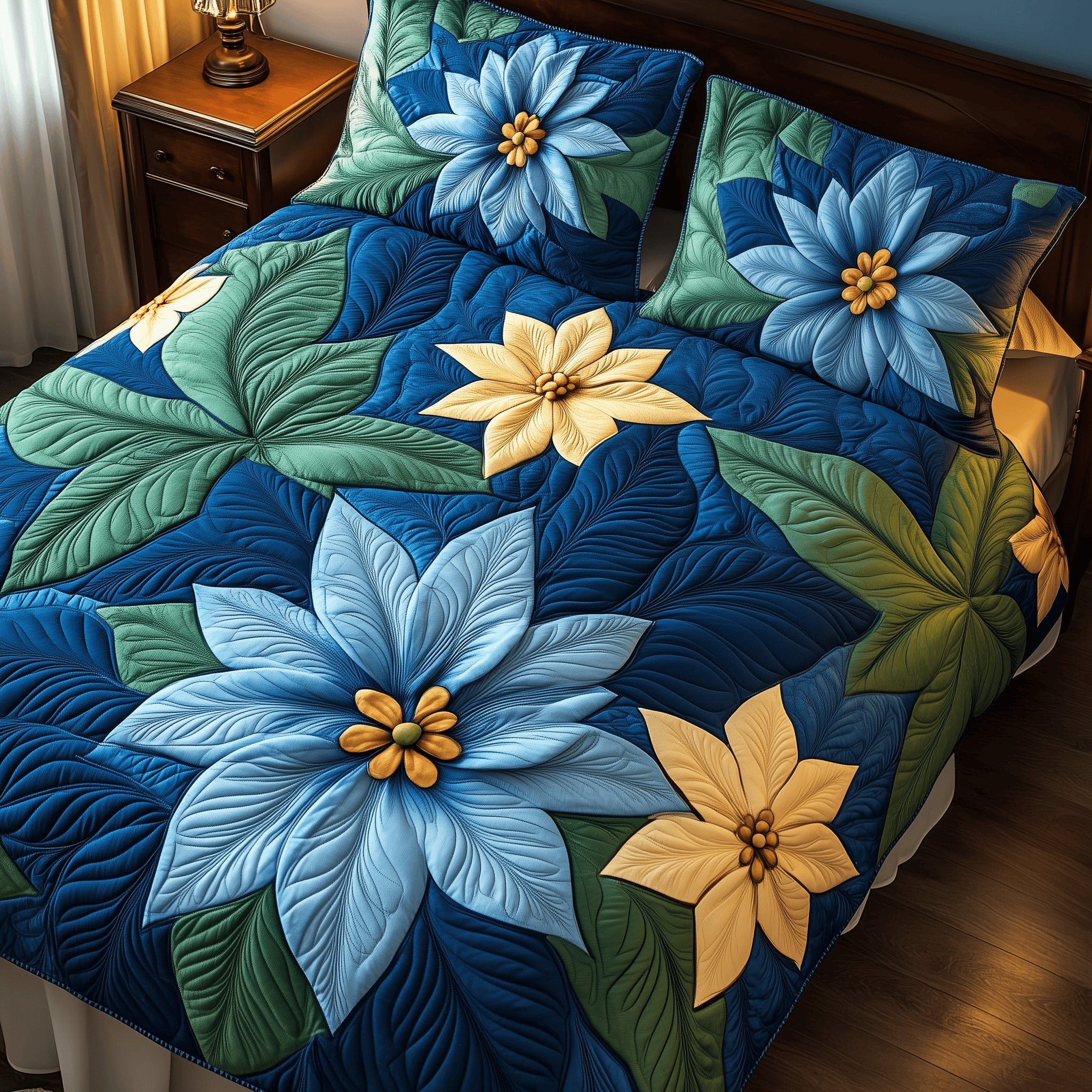 Blue Poinsettias Quilted Bedding Set Christmas Bedding Set Best Christmas Gifts For Couples