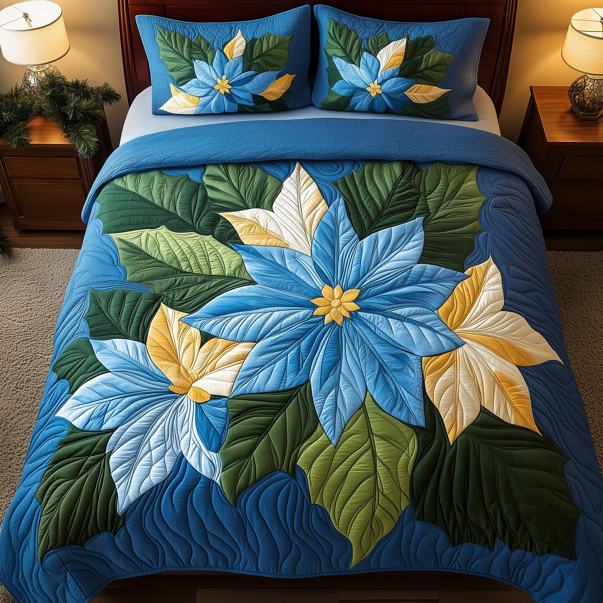 Blue Poinsettias Quilted Bedding Set Christmas Bedding Set Christmas Gifts For Couples