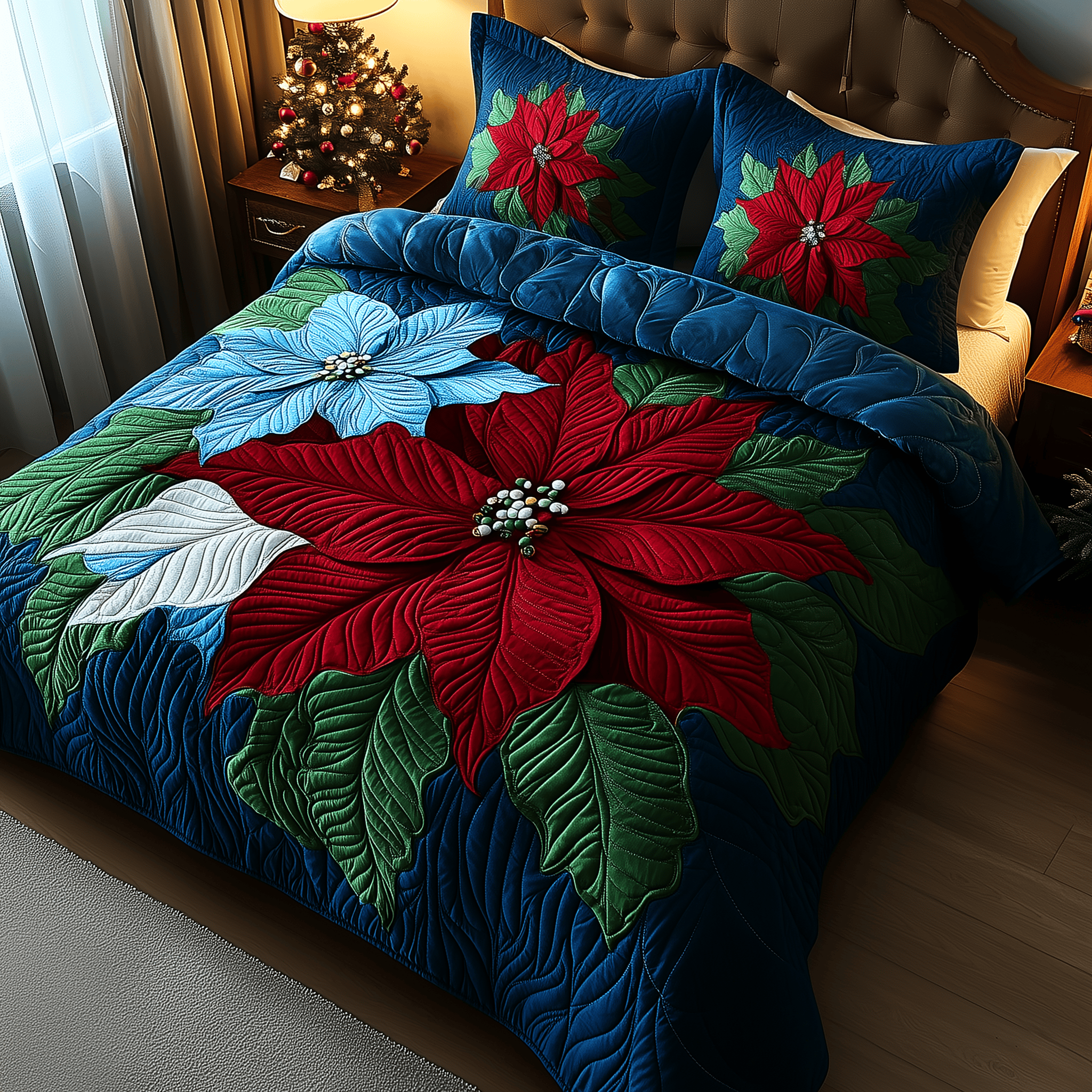 Blue Poinsettias Quilted Bedding Set Xmas Bedding Set Romantic Christmas Gifts