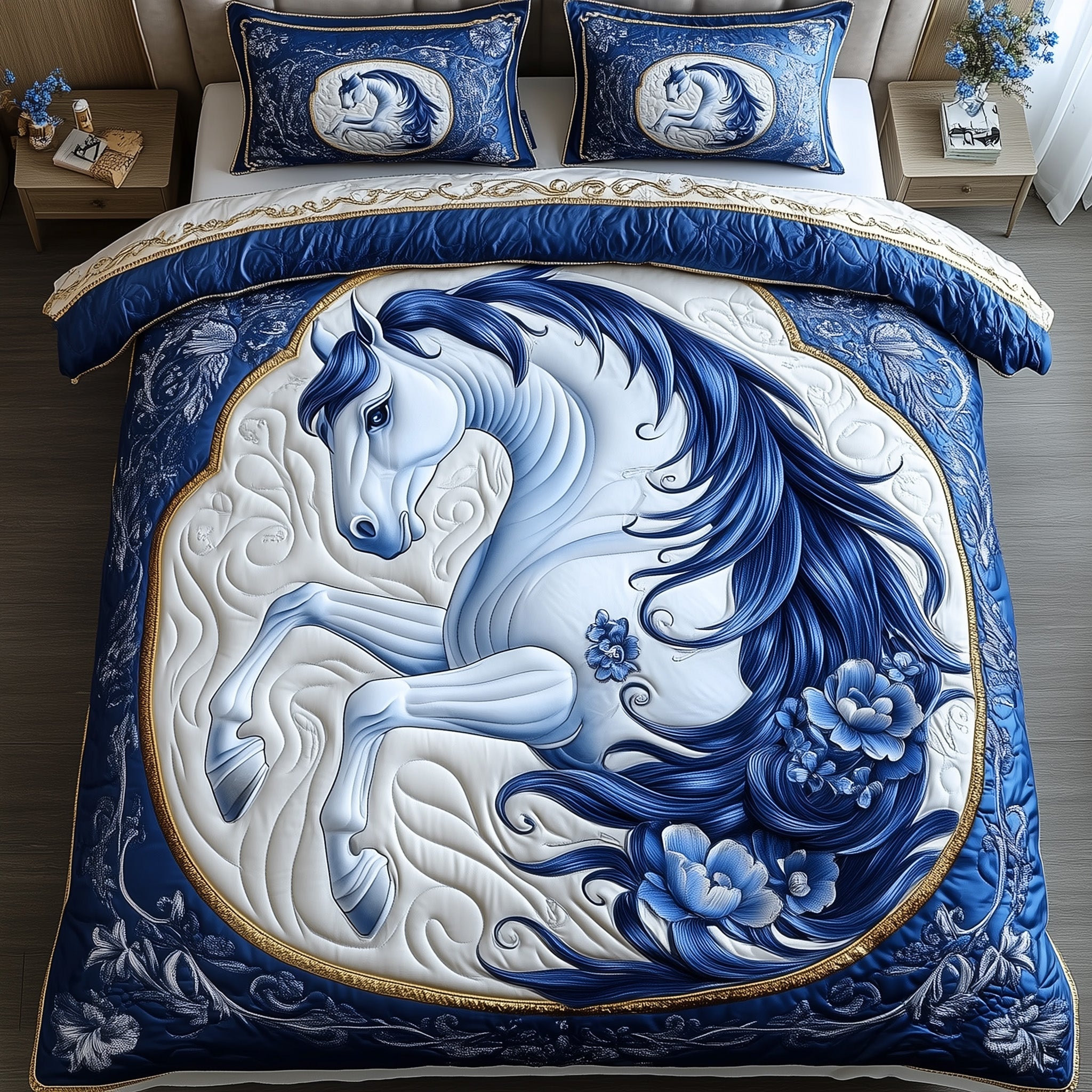 Blue Porcelain Horse Duvet Cover Set Merch For Family Time