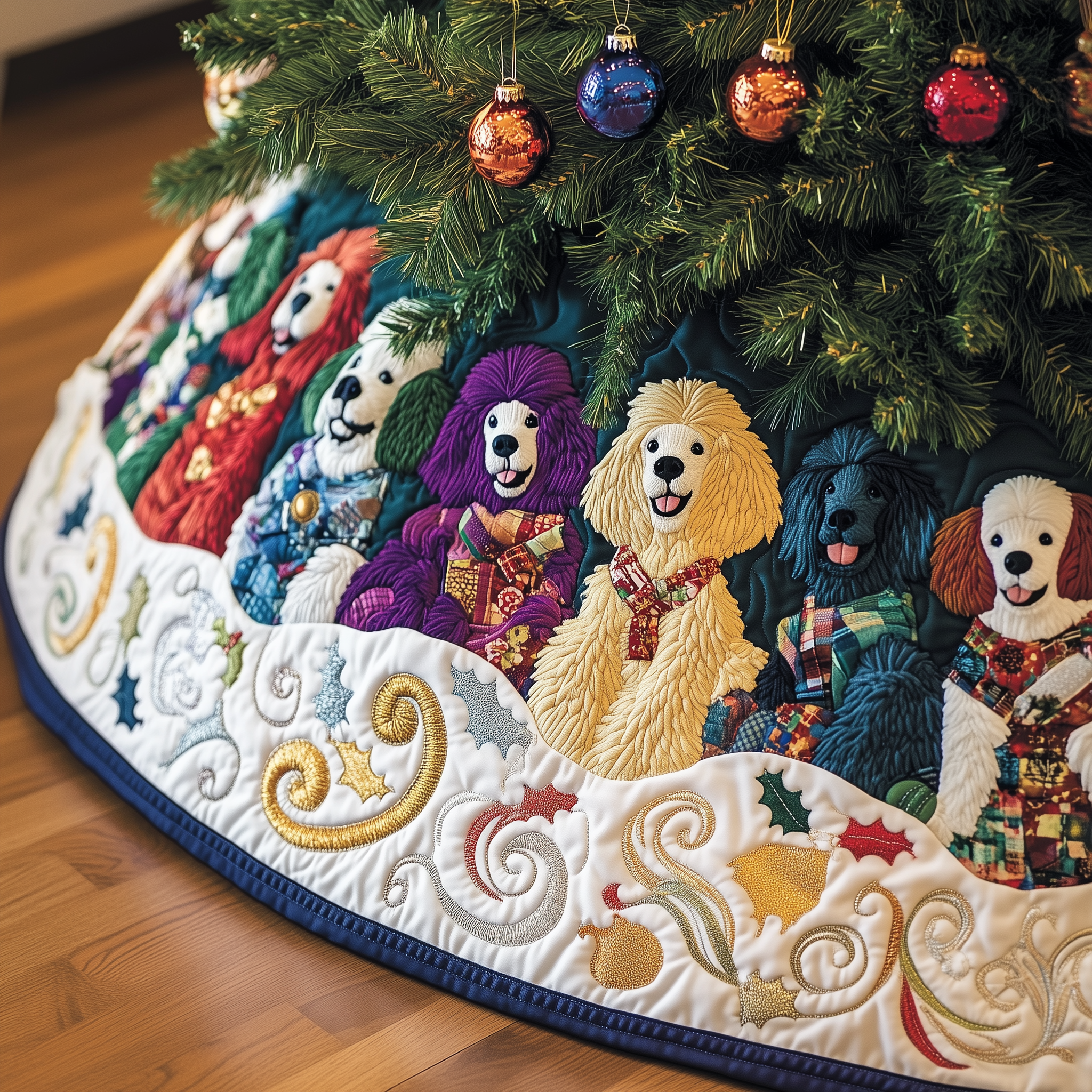 Blue Quilted Dog Christmas Tree Skirt Handmade Cocker Spaniel Holiday Gift for Home