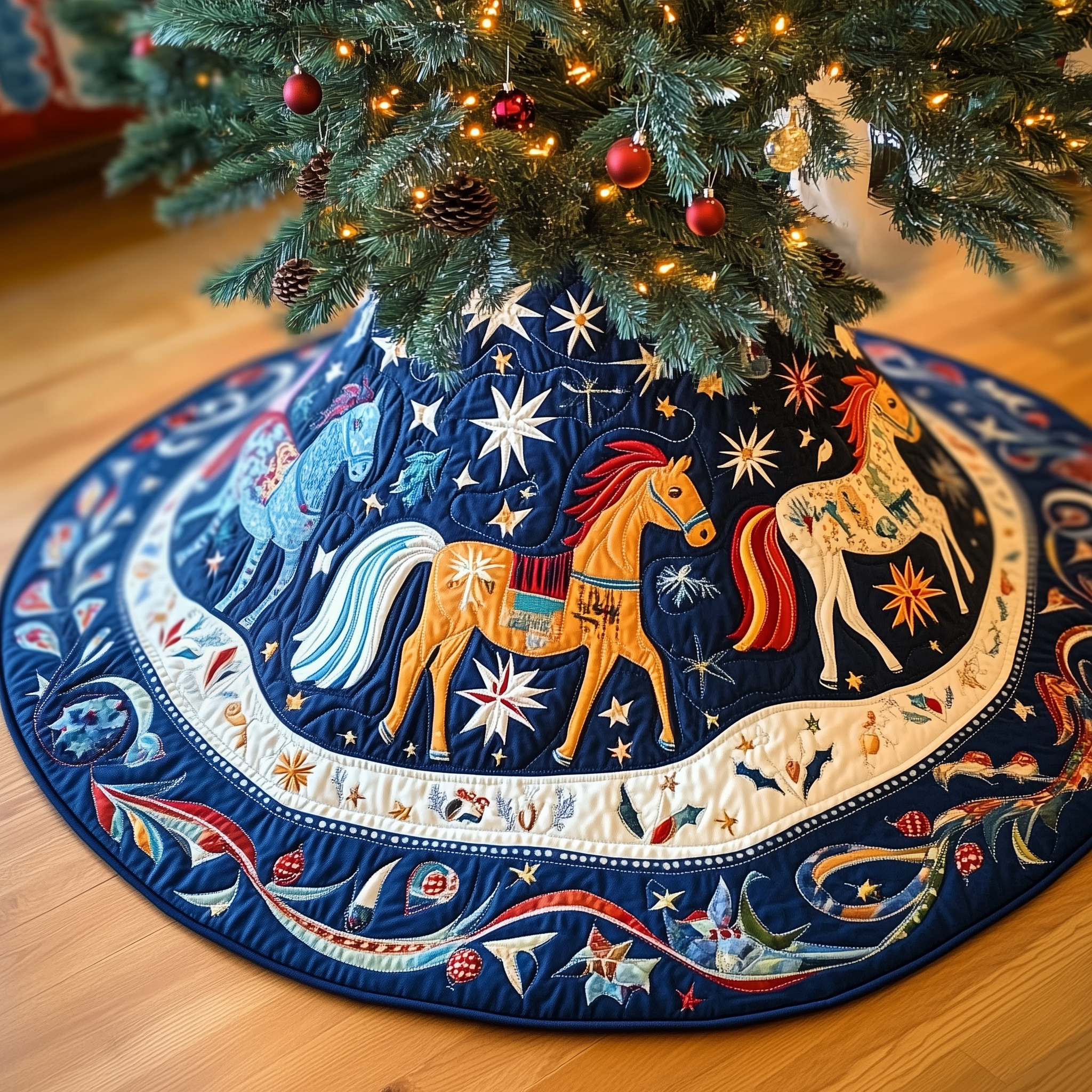 Blue Quilted Horse Christmas Tree Skirt Handmade Holiday Gift for Equestrian Home Decor