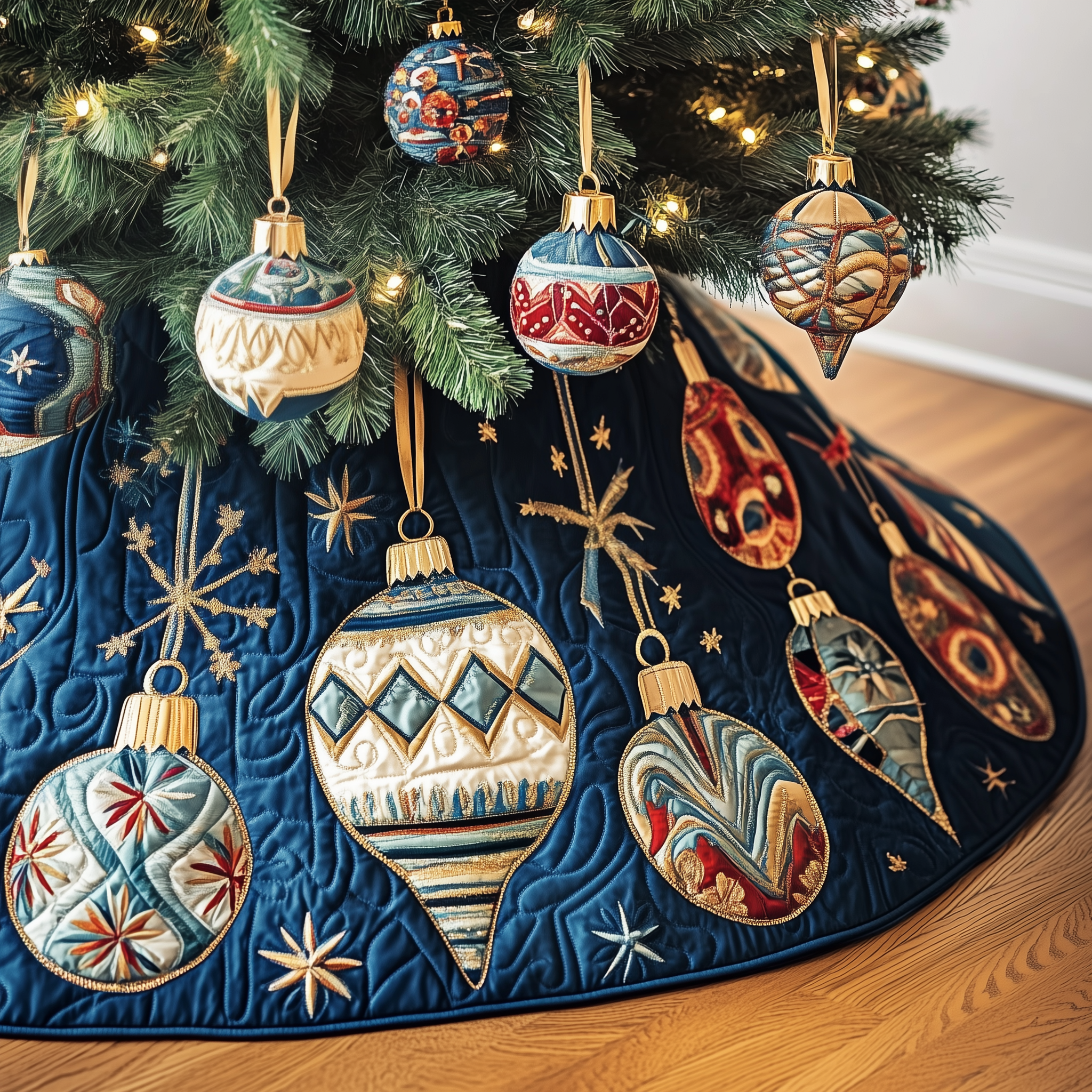 Blue Quilted Ornament Target Tree Skirt Elegant Handmade Holiday Gift for Luxury Christmas Setting