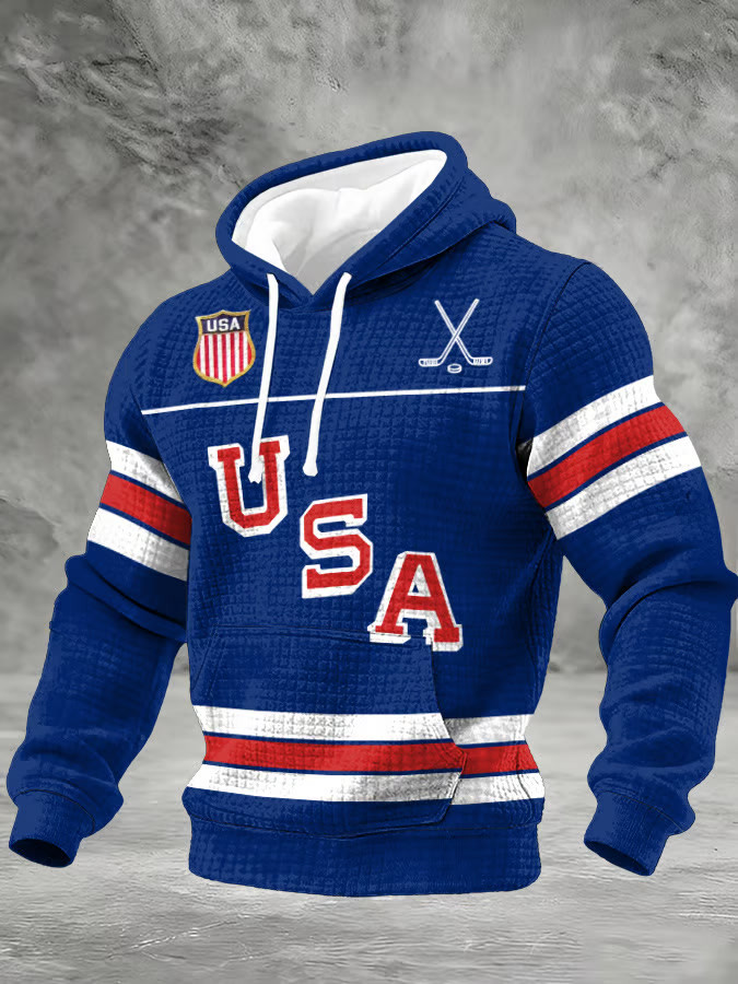 Blue Retro USA Ice Hockey Hoodie Game Day Hoodie Gift Ideas For Hockey Fans