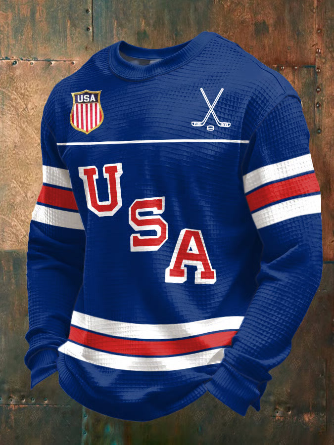 Blue Retro USA Ice Hockey Long Sleeve Shirt Game Day Clothes Gifts For Ice Hockey Fans
