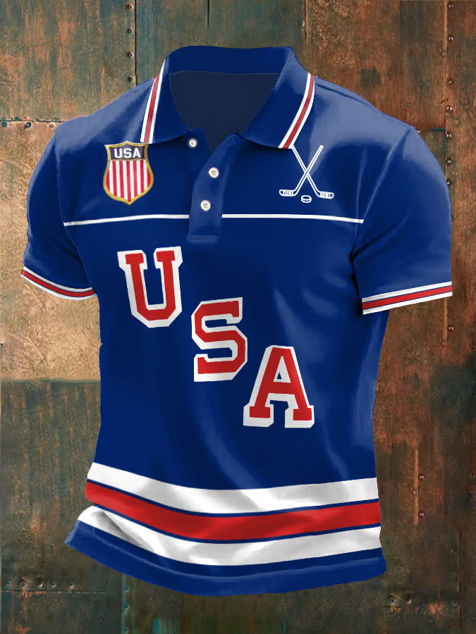 Blue Retro USA Ice Hockey Polo Shirt Game Day Shirt Unique Gifts For Hockey Lovers