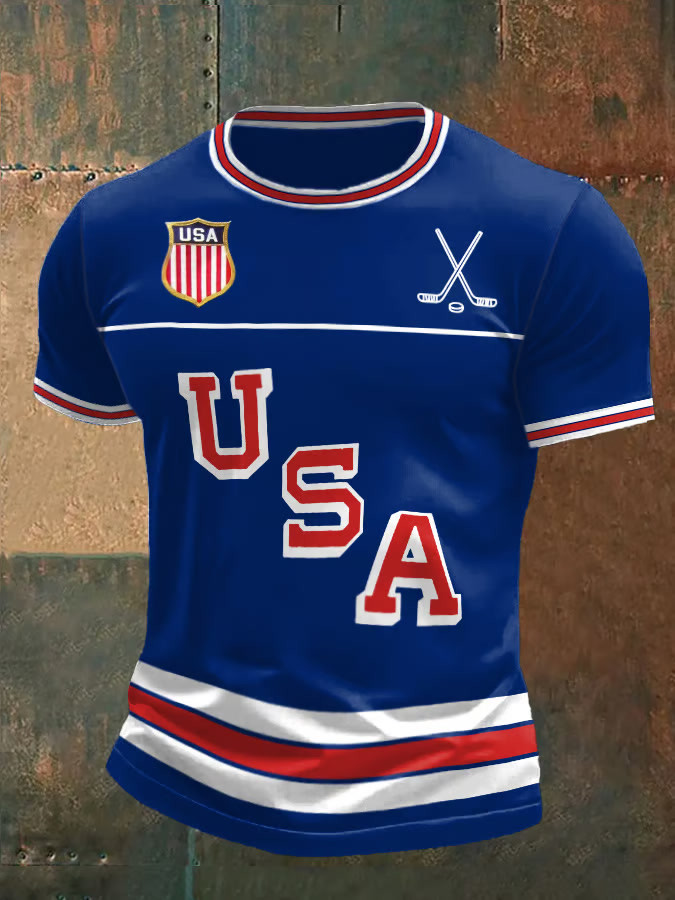 Blue Retro USA Ice Hockey T-Shirt Game Day Shirts Gift Ideas For Hockey Fans