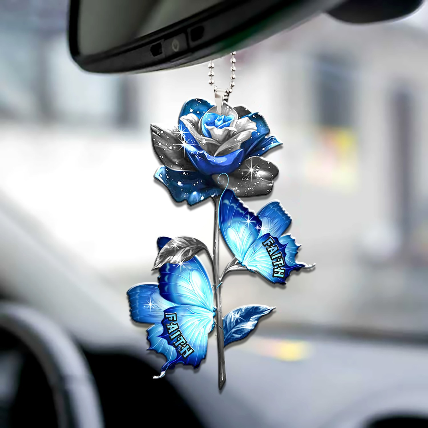 Blue Rose Butterfly Faith Car Hanging Rear View Mirror Ornament Christian Gift For Women