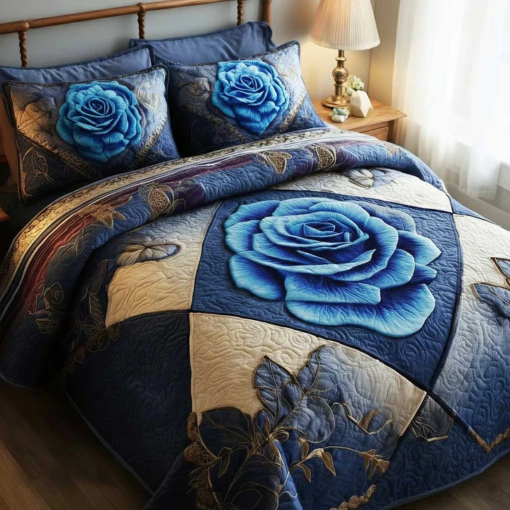 Blue Rose Floral Quilted Bedding Set Luxury Bedroom Decor Romantic Bedding Best Gift For Her