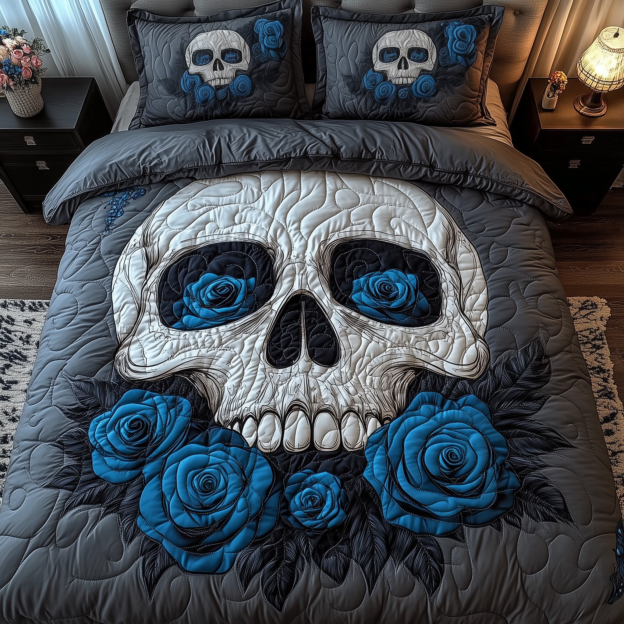 Blue Rose Skull Duvet Cover Set Merch For Relaxing Moments
