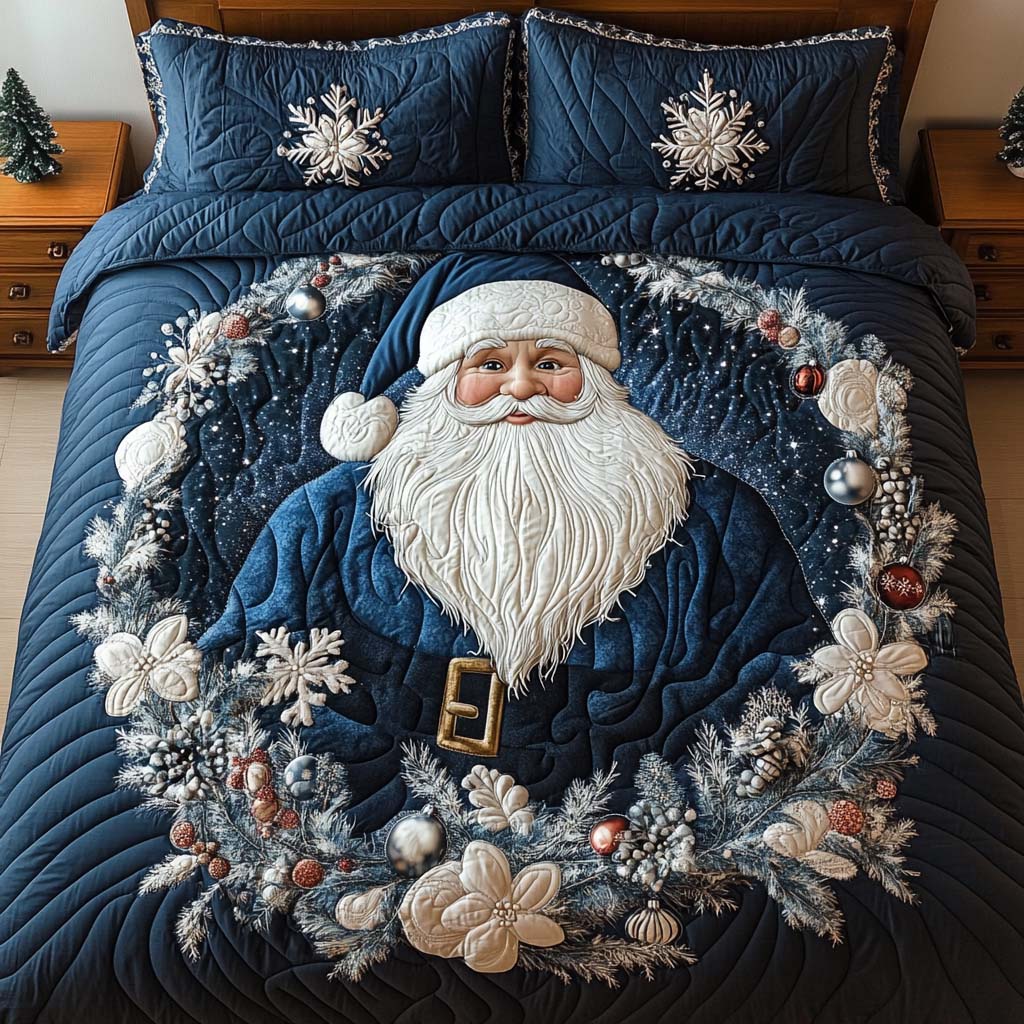 Blue Santa Quilted Bedding Set Perfect Bedding Gift Set for Holiday Celebrations