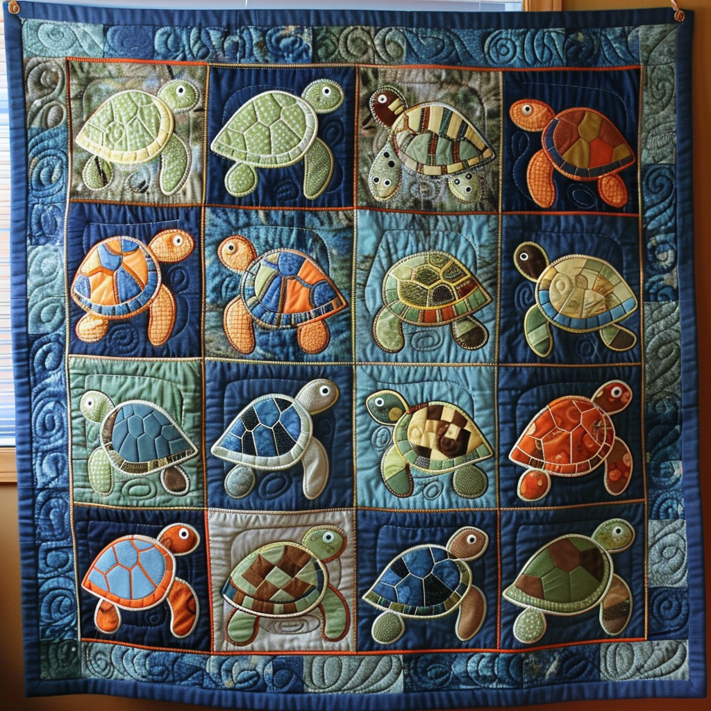 Blue Sea Turtle Quilted Blanket Sea Turtle Gifts For Her