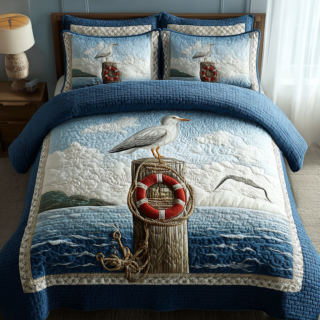 Blue Seagull Quilted Bedding Set Best Bed Sheet Set Seagull Themed Gifts
