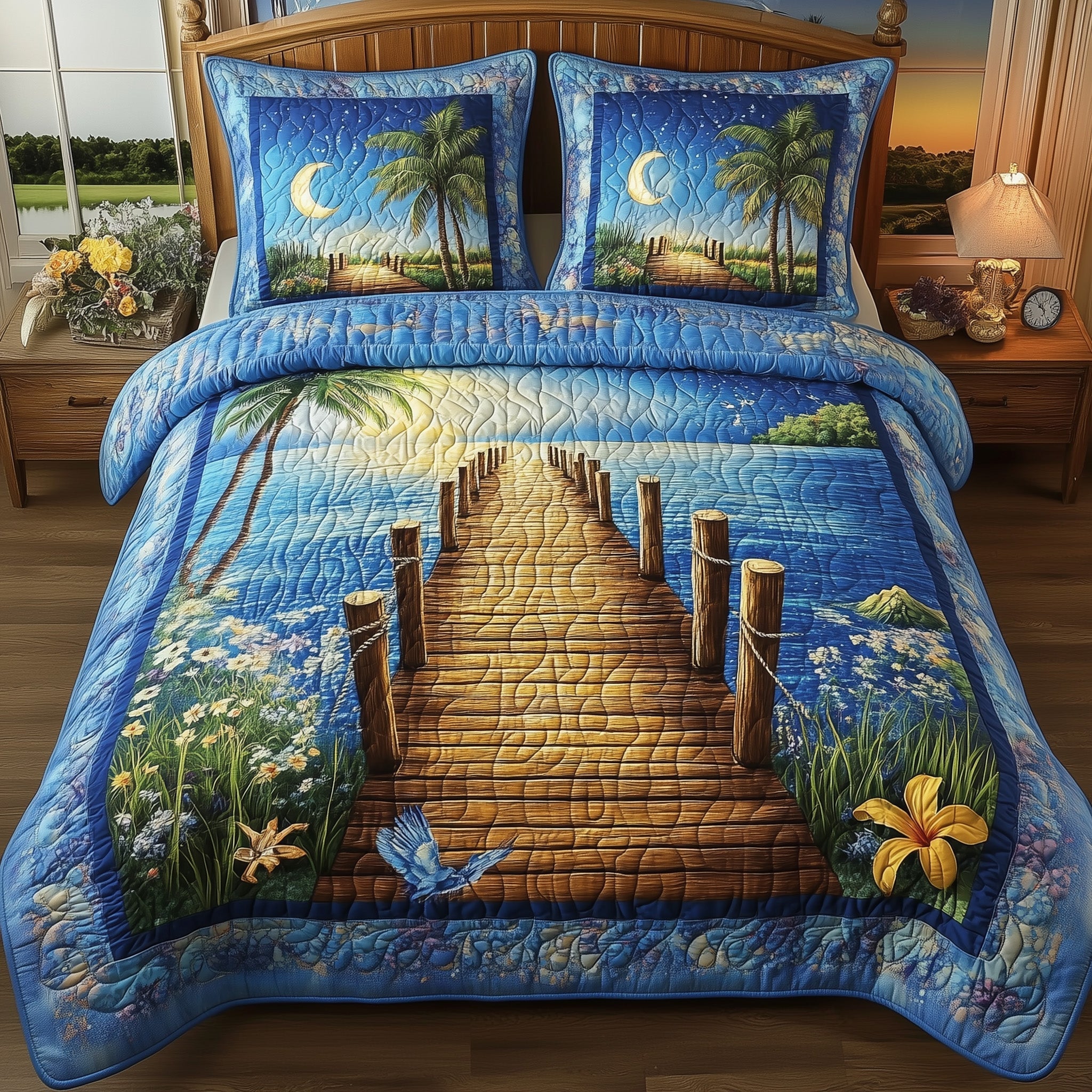 Blue Serenity Quilted Bedding Set Duvet Cover Bedspread Father In Law Christmas Gift