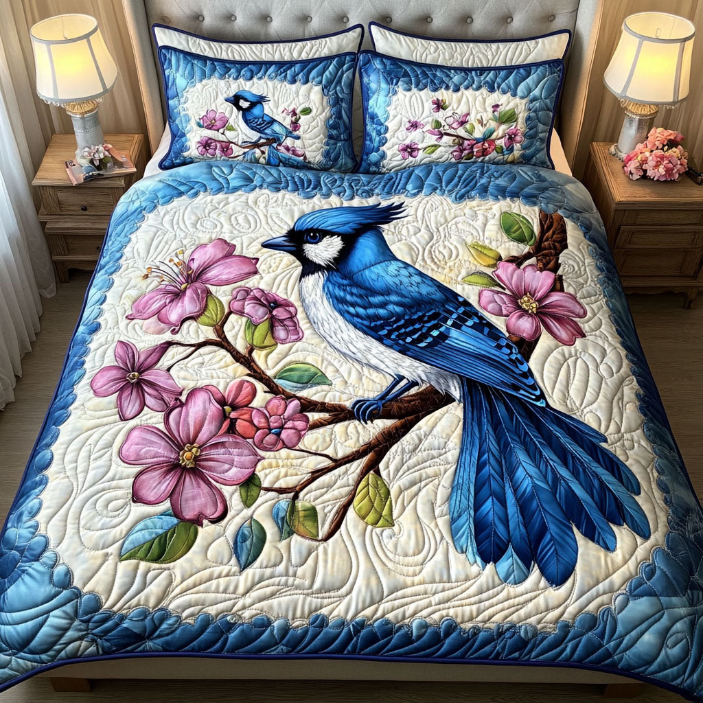 Blue Sky Blooms Quilted Bedding Set Cozy Bedroom Decor Unique Gifts For Bird Lovers