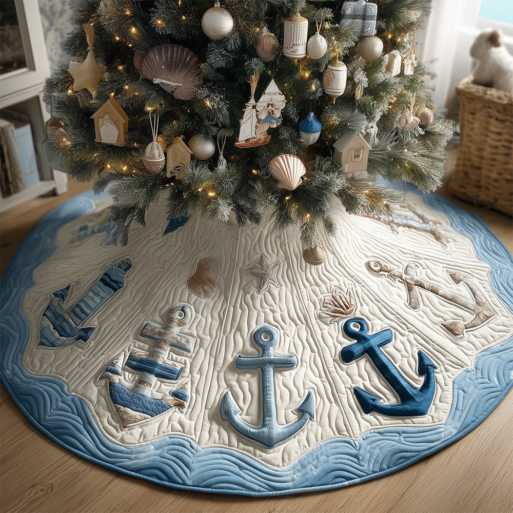 Blue Stripe Anchor Christmas Quilted Tree Skirt Xmas Home Decor Anchor Gifts Ocean