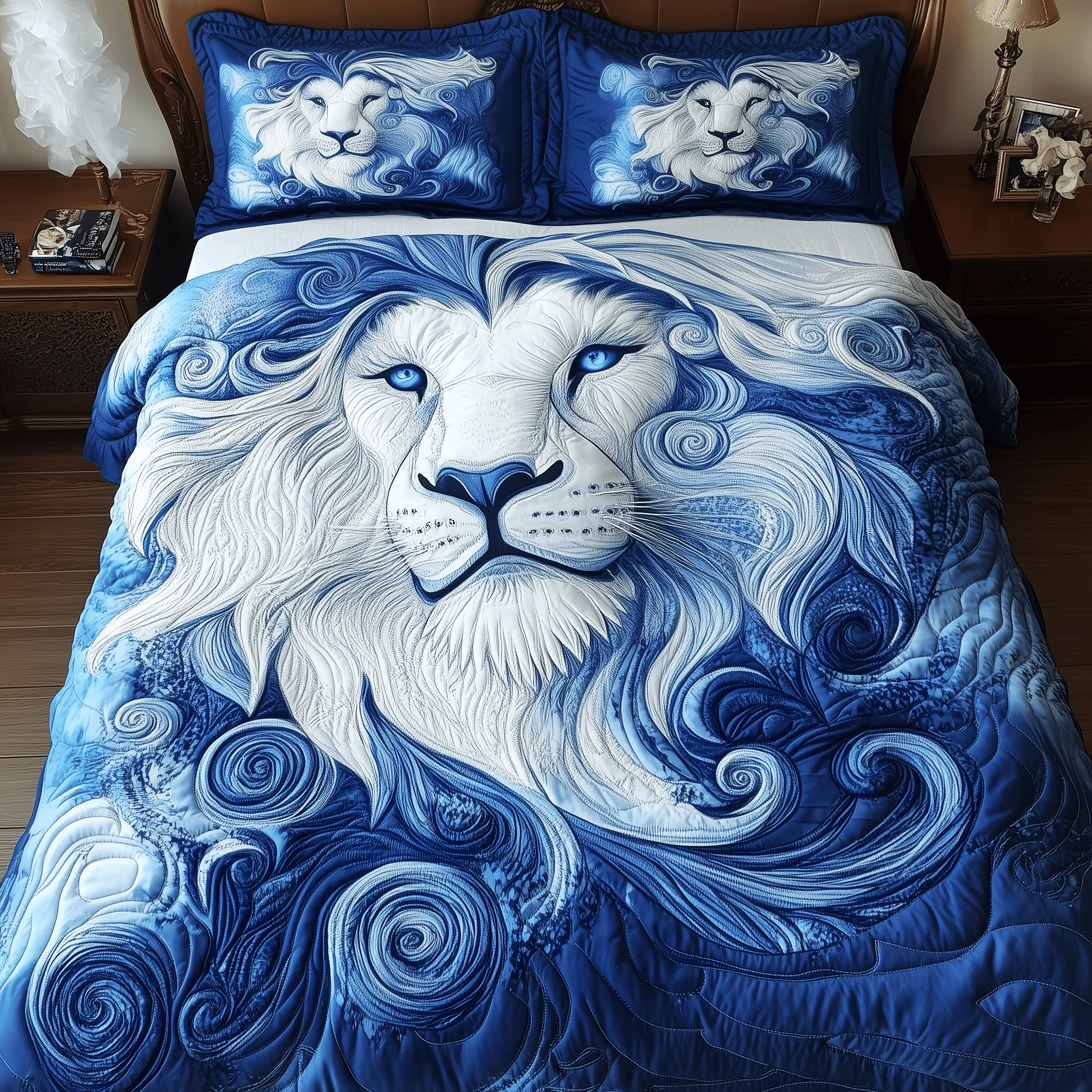Blue Swirl Lion King Quilted Bedding Set Gifts For Lion Lovers