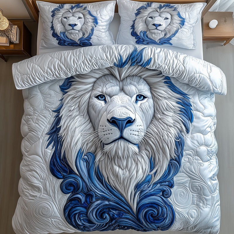 Blue Swirl Lion King Quilted Bedding Set Wildlife Bedroom Decor Best Gift For Lion Lovers