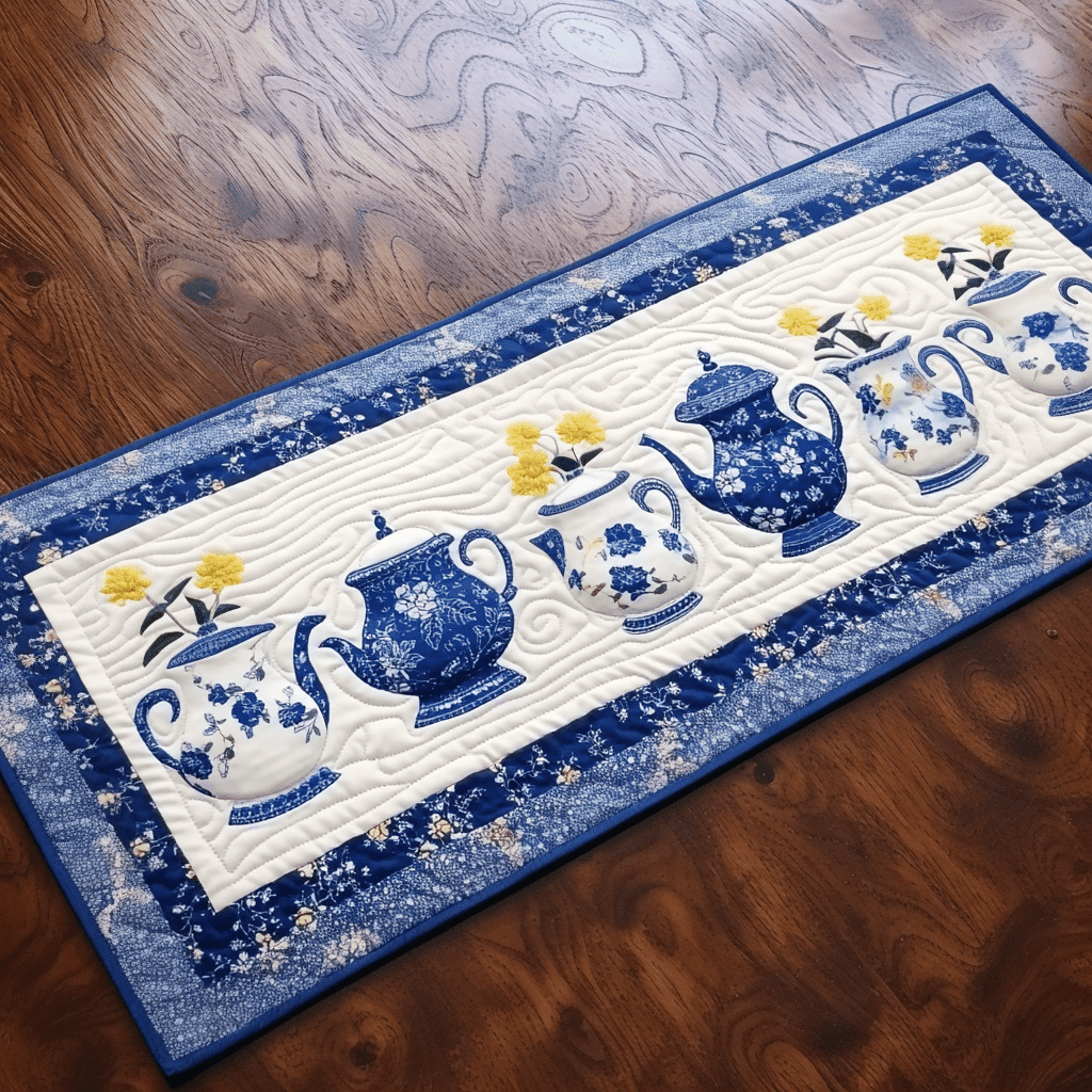 Blue Teapots Quilted Table Runner Best Christmas Gifts For Tea Drinkers