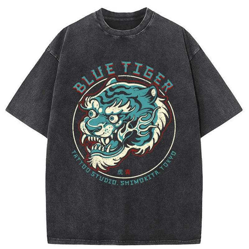 Blue Tiger Japanese Washed T-Shirt Retro Streetwear Graphic Top Gifts For Brother Blue Tiger Japanese Washed T-Shirt Retro Streetwear Graphic Top Gifts For Brother