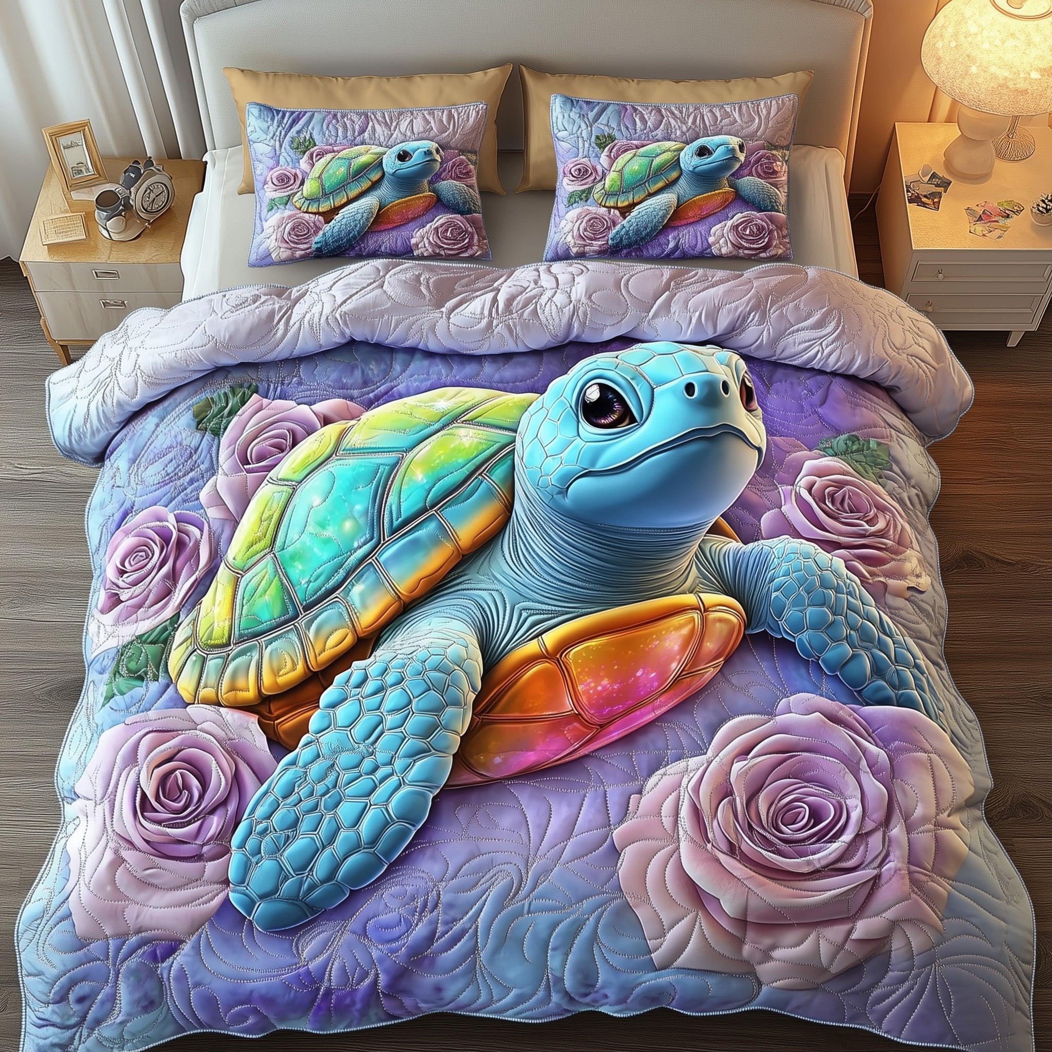 Blue Turtle Quilted Bedding Set Sea Turtle Roses Marine Life Animals Gift Ideas