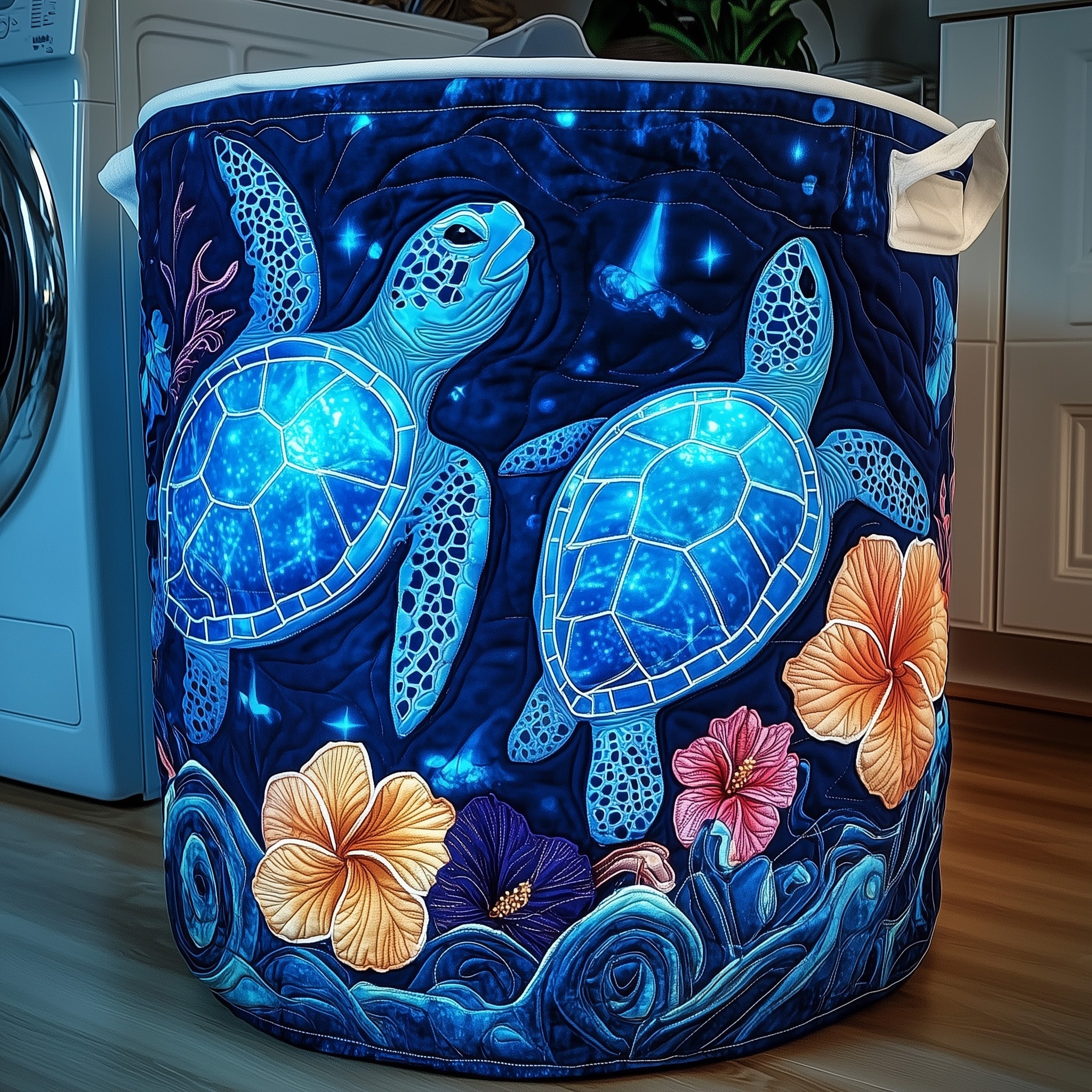 Blue Turtle Quilted Laundry Basket Foldable Clothes Basket Storage Unique Gifts For Turtle Fans
