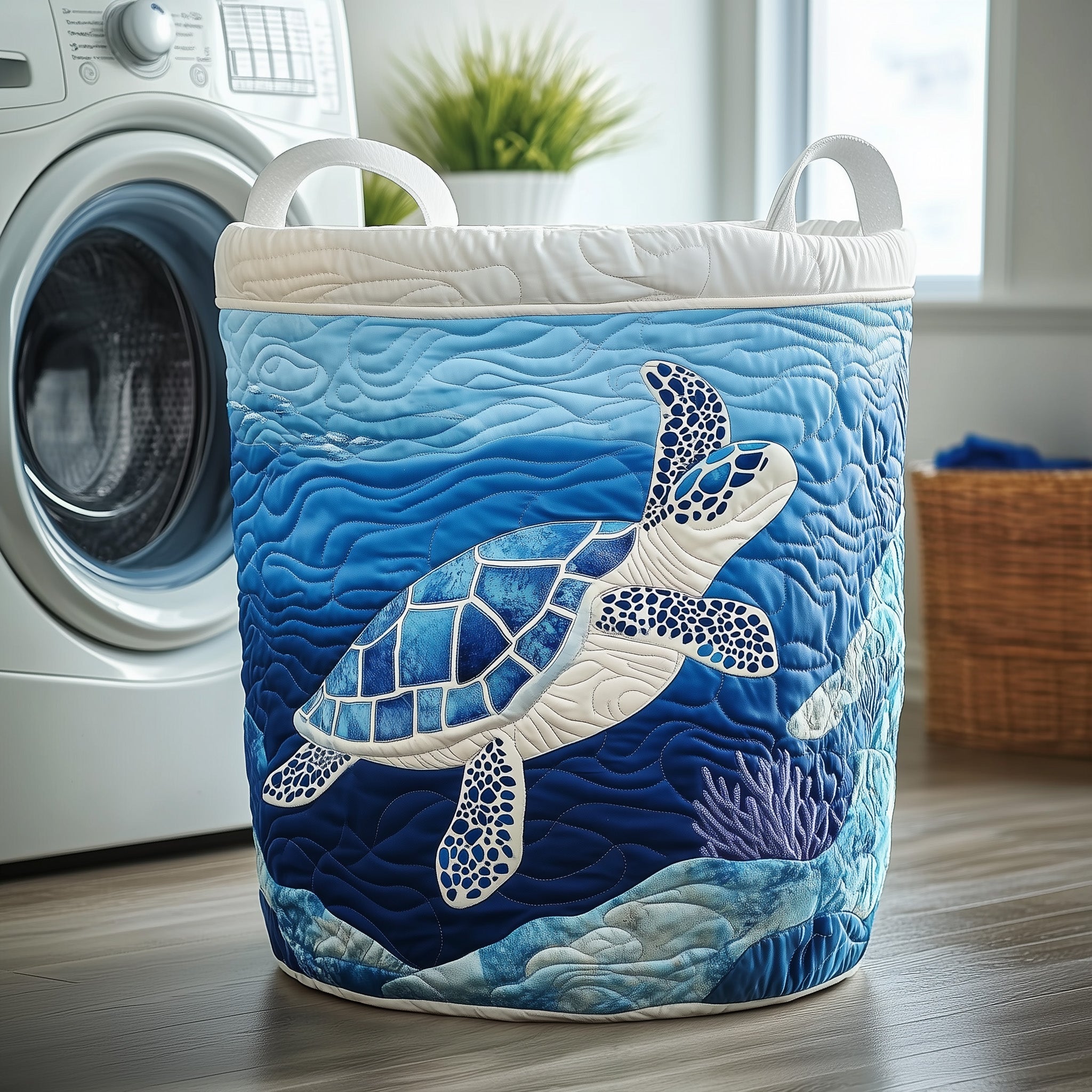 Blue Turtle Quilted Laundry Basket Merch For Mom