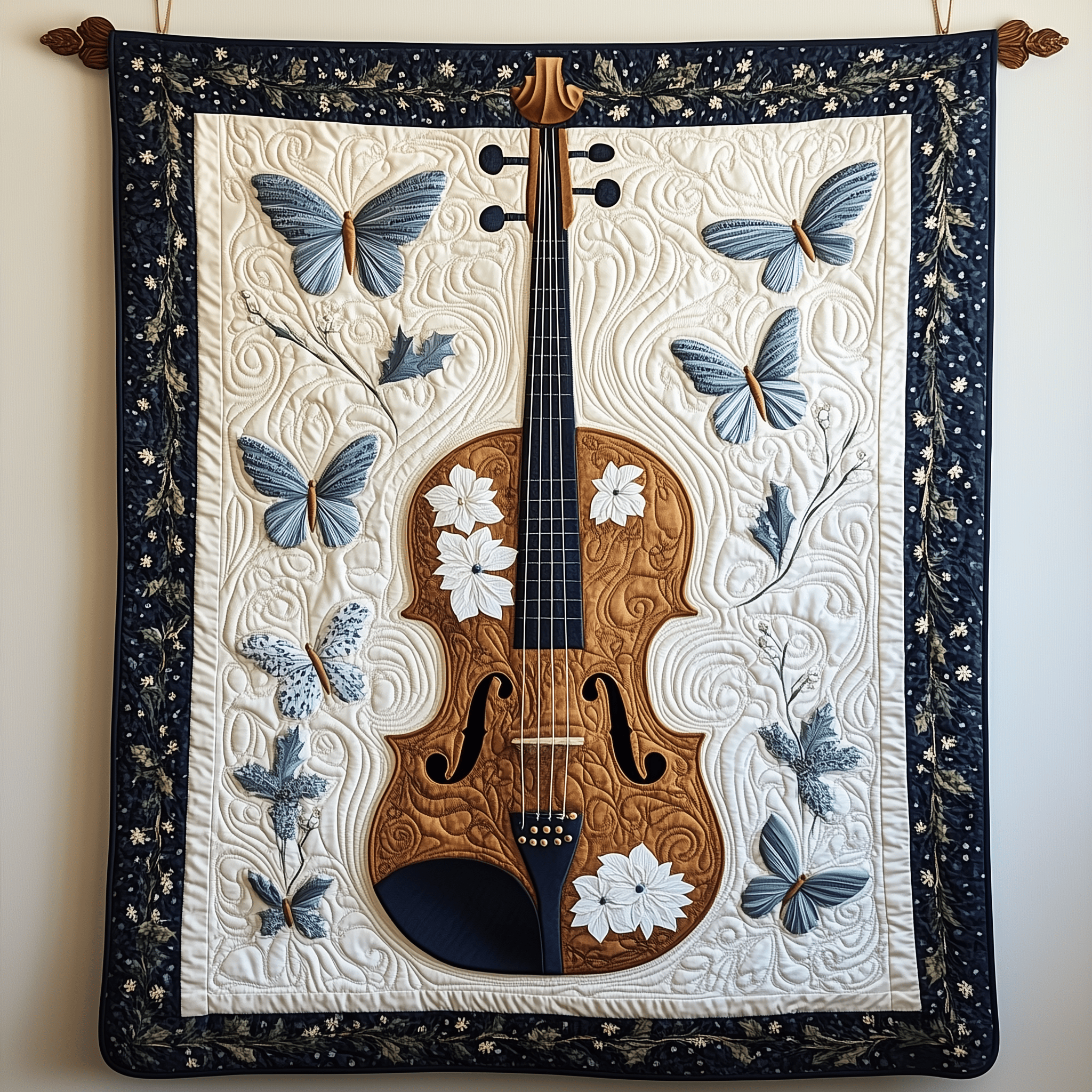 Blue Violin Quilted Blanket Christmas Throw Blanket Romantic Gift for Violinist