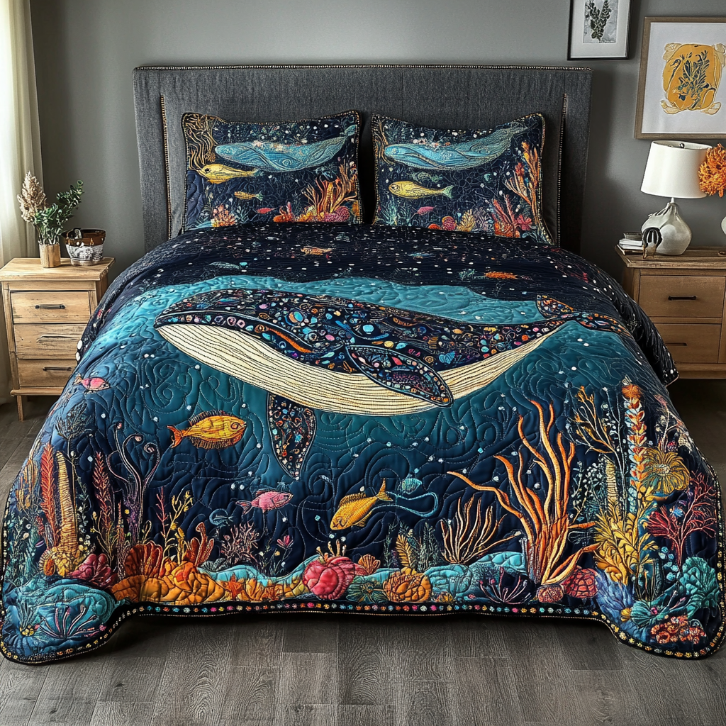Blue Voyage Quilted Bedding Set Bed Room Decoration Whale Gifts For Him Her