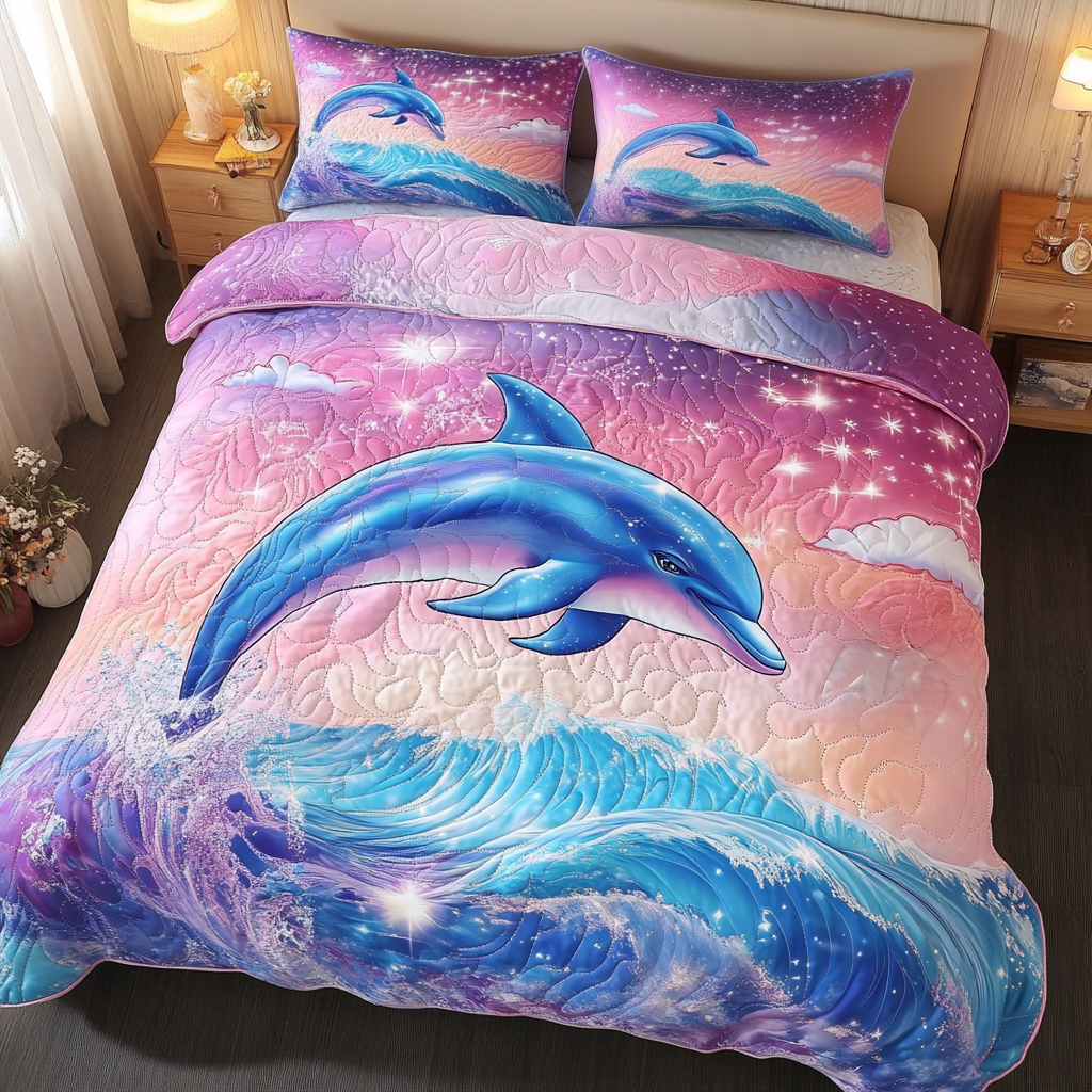 Blue Wave Quilted Bedding Set Cozy Bedding Merch Gift That Brings Sweet Dreams