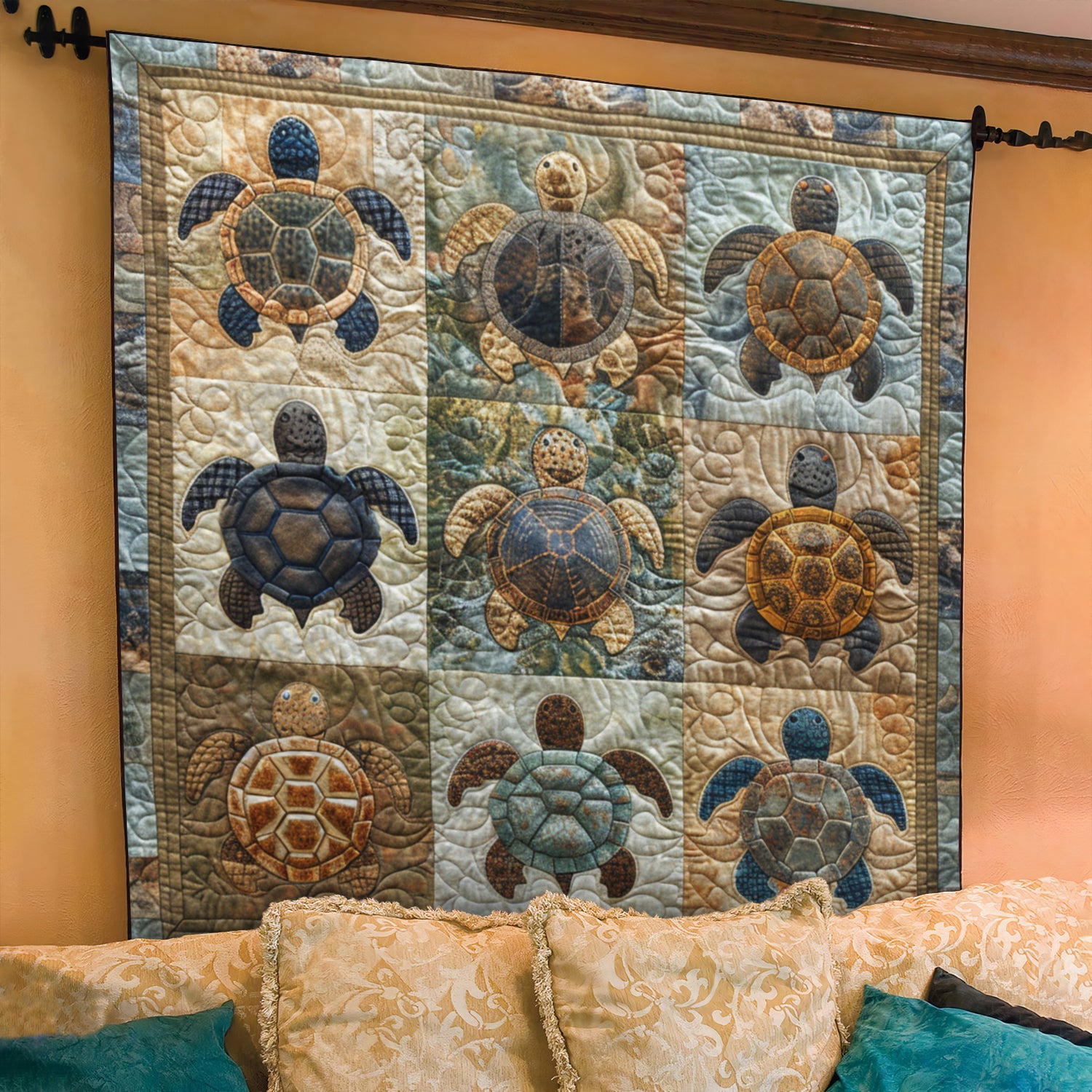 Blue Wave Turtle Dance Quilted Blanket Gift For Turtle Lover