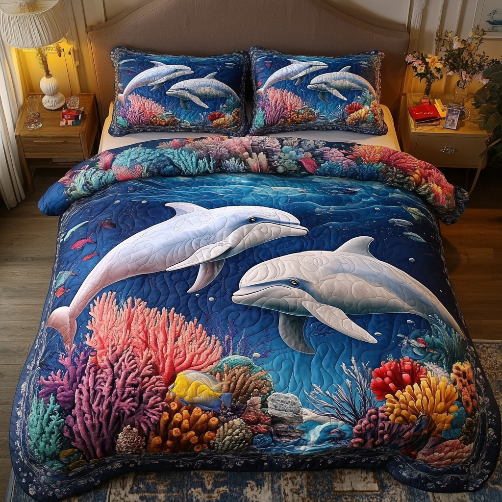 Blue Waves Quilted Bedding Set Bedroom Decor Ideas Dolphin Gift Idea